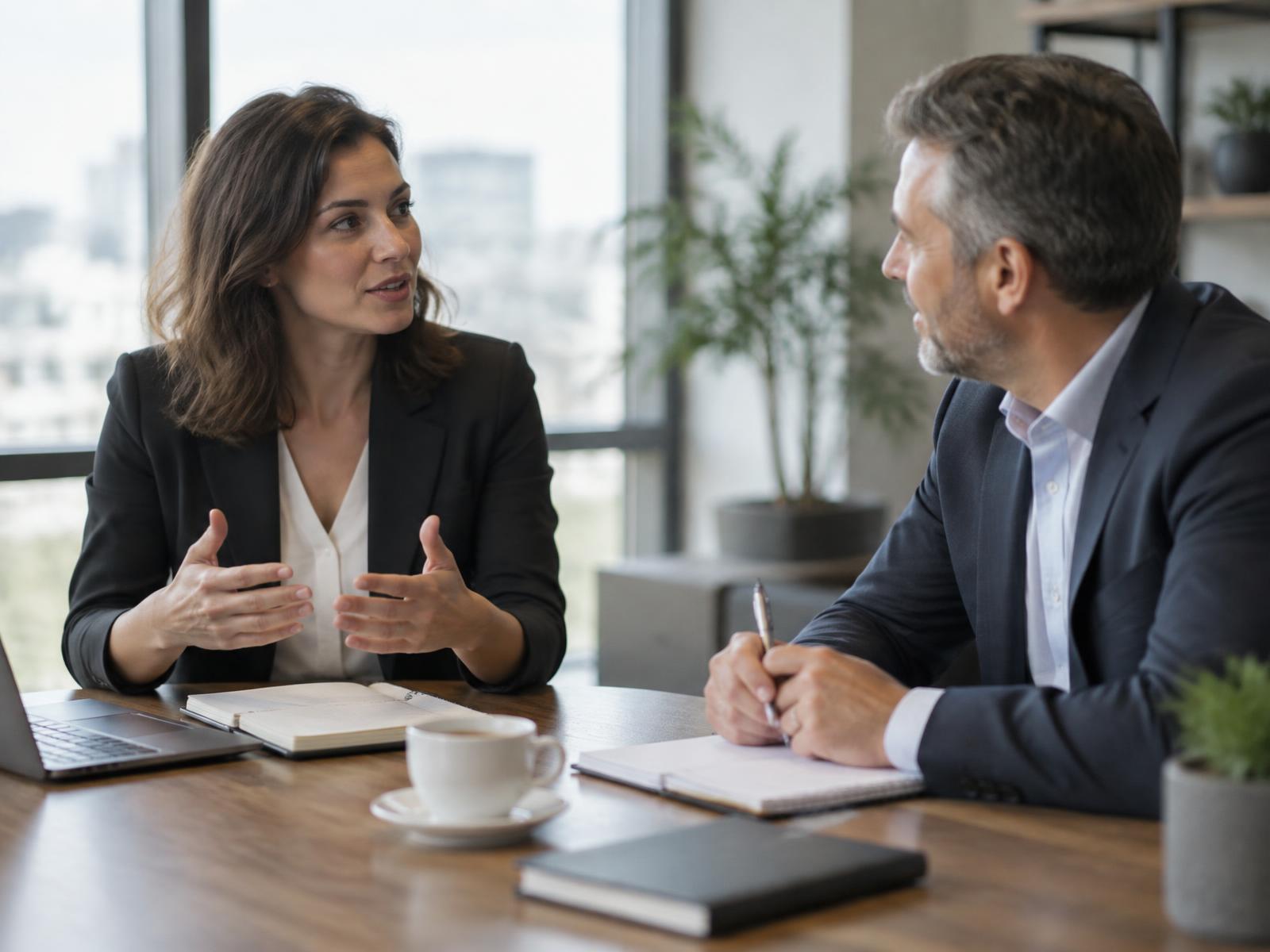 Two professionals in business attire discussing notes across a meeting table